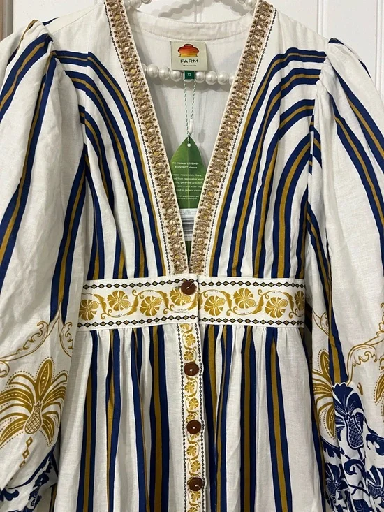 FARM Rio White Maxi Dress with Navy & Gold Stripes - Picture 2 of 5